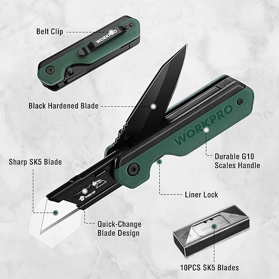 WORKPRO 2-in-1 folding utility knife with green G10 handle and exposed blades, liner lock.