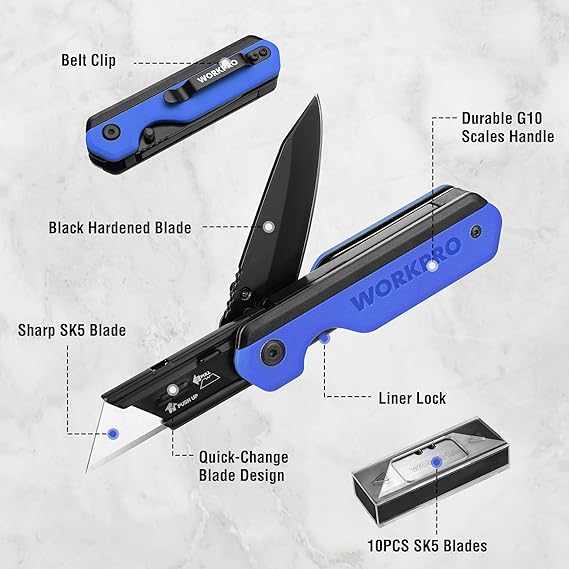 WORKPRO 2-in-1 folding utility knife with blue G10 handle and exposed blades, belt clip.