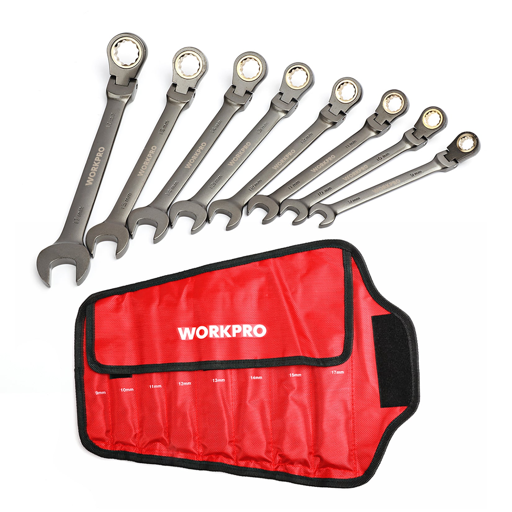 WORKPRO 8 Pcs Flex-Head Ratcheting Combination Wrench Set in organizer bag with innovation, quality, durable CR-V steel