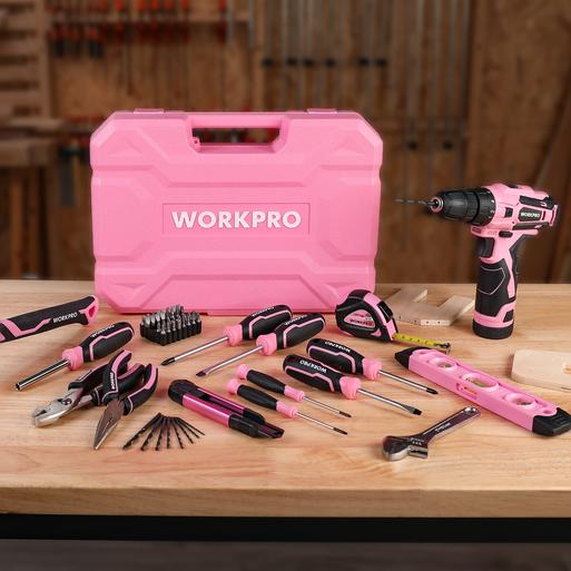 Tool kit with pink case and assorted hand tools, showing innovation and quality in a secure set