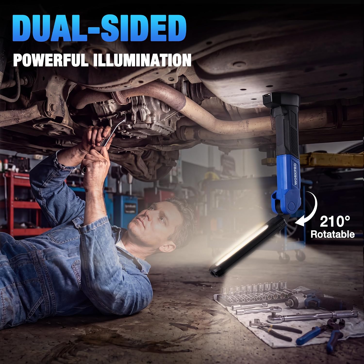 WORKPRO magnetic LED dual-sided work light in blue with rotatable 210 degree head for workshop repairs