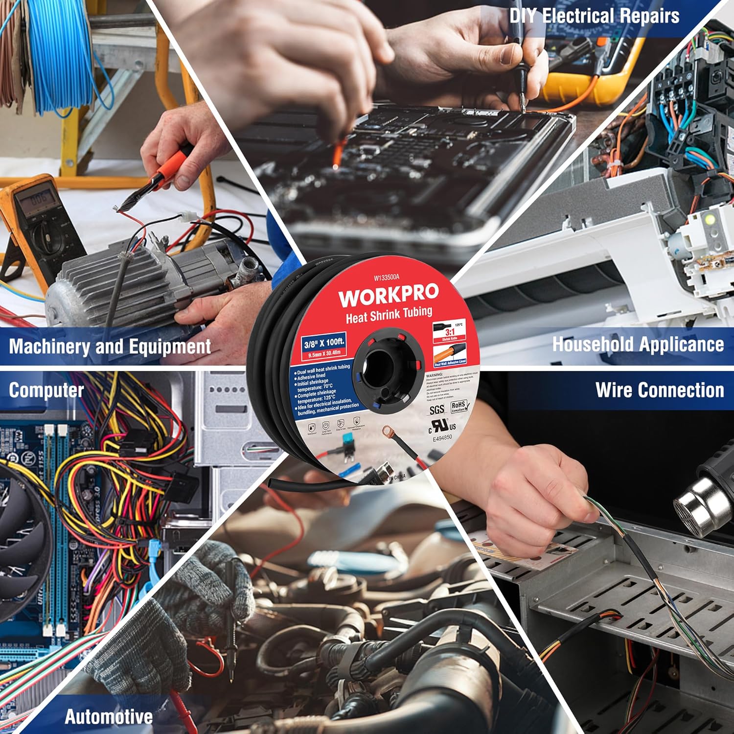 Black heat shrink tubing for DIY electrical repairs shown with a roll and wiring projects.