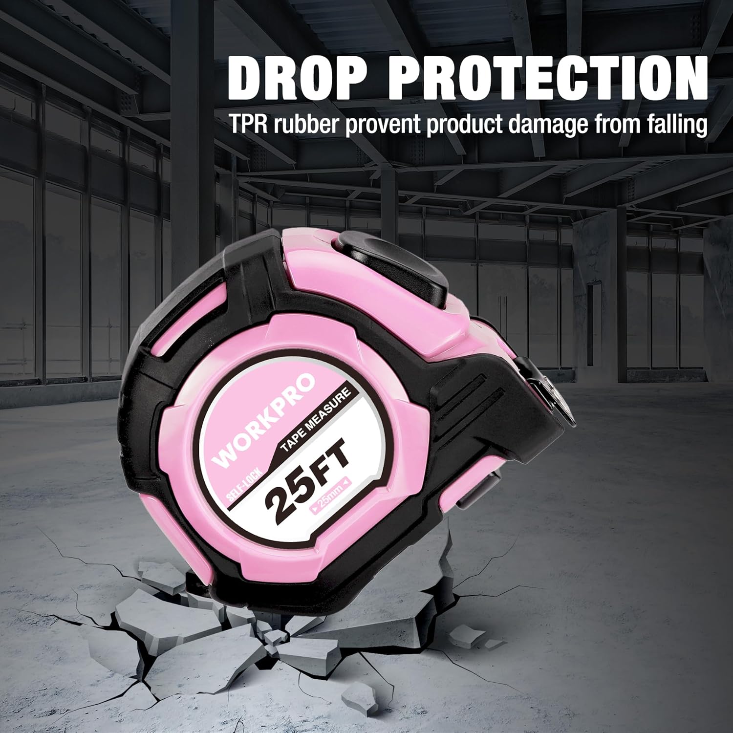 Pink WORKPRO 25 ft tape measure with rubber-protected casing and metal hook