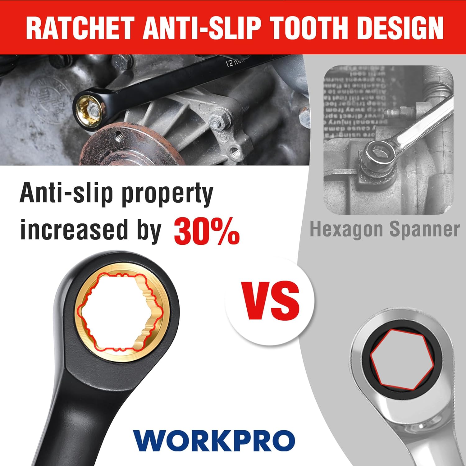 Black ratcheting double-box wrench head with anti-slip tooth design at open end
