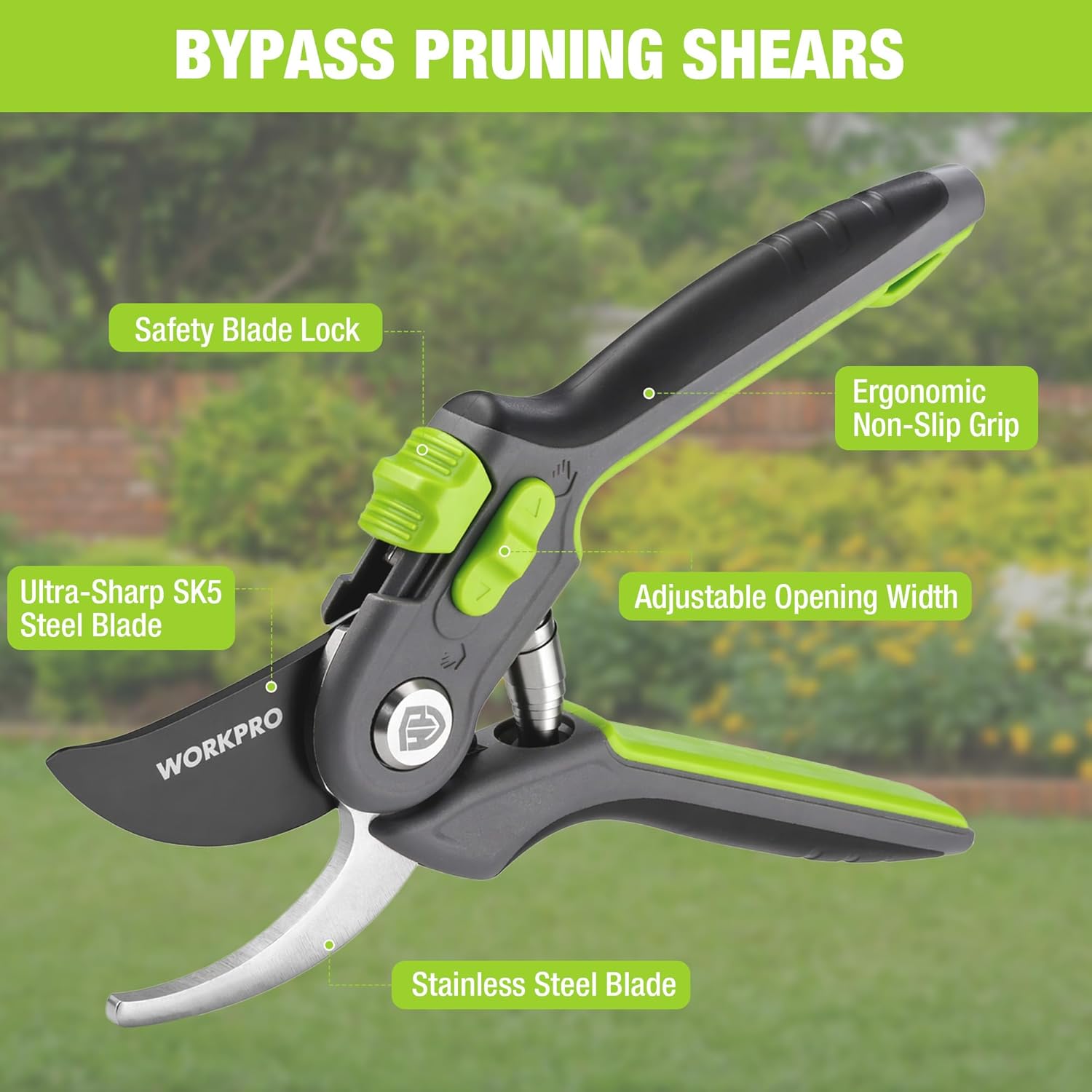 Bypass pruning shears with black-and-green non-slip grip and safety blade lock