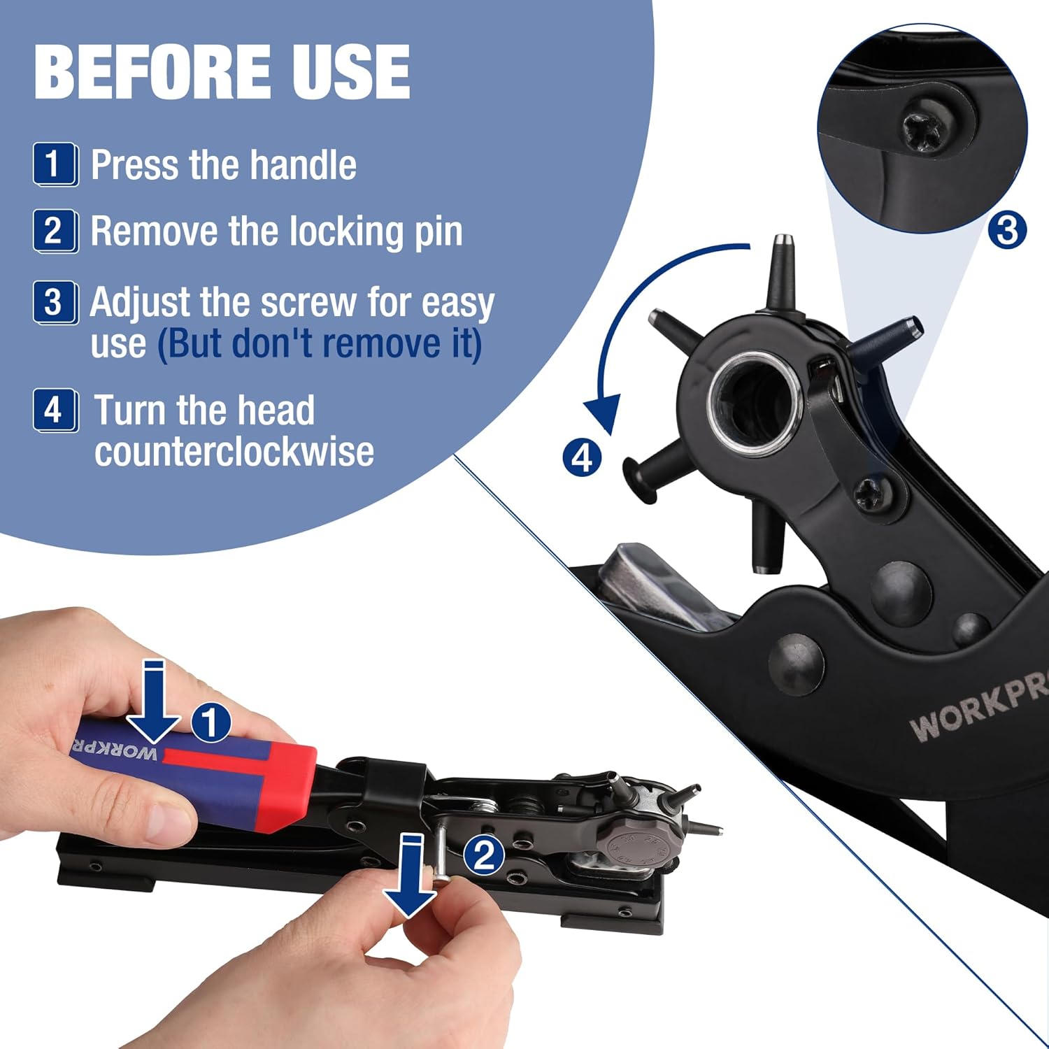 WORKPRO rotary hole puncher tool showing handle adjustment and locking pin area