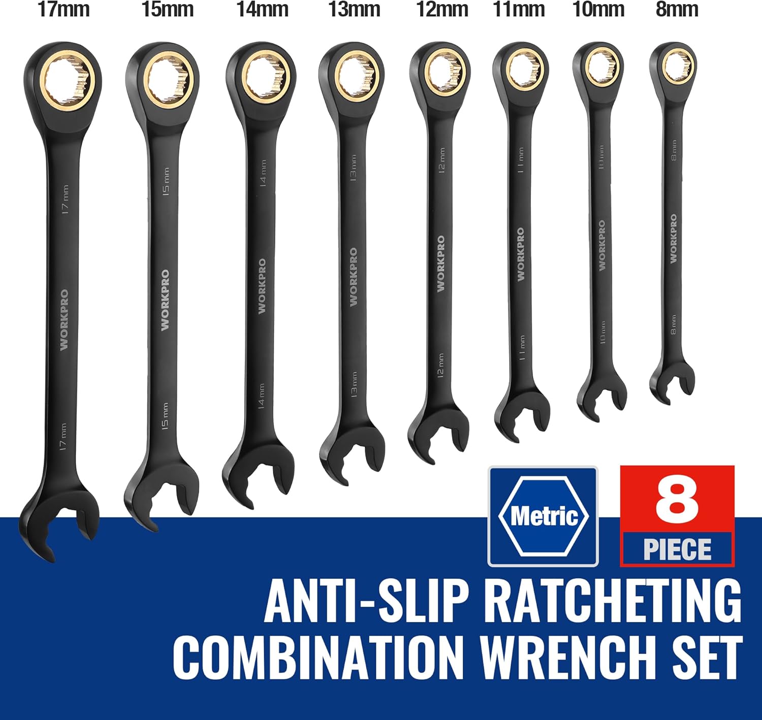 WORKPRO metric anti-slip ratcheting combination wrench set, black, 8mm–17mm (8-piece)