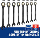 WORKPRO Upgraded 8-piece Anti-Slip Ratcheting Combination Wrench Set with Quick-Slide Open End, 72-Teeth, Cr-V Constructed, Black Metric Wrenches Set with Roll Up Pouch, 8mm-17mm