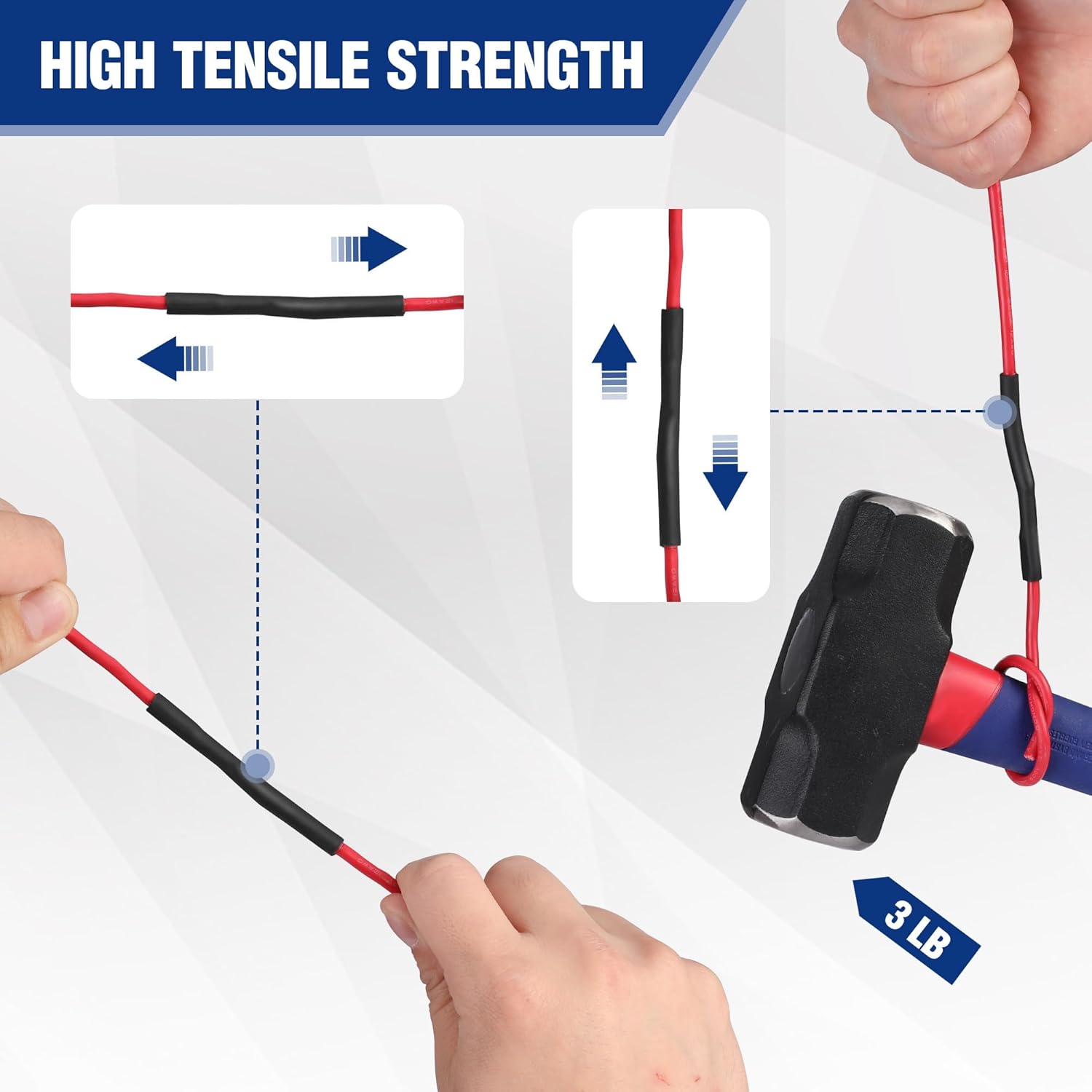 Black heat shrink tubing applied to red wiring for high tensile strength and secure shrink hold.
