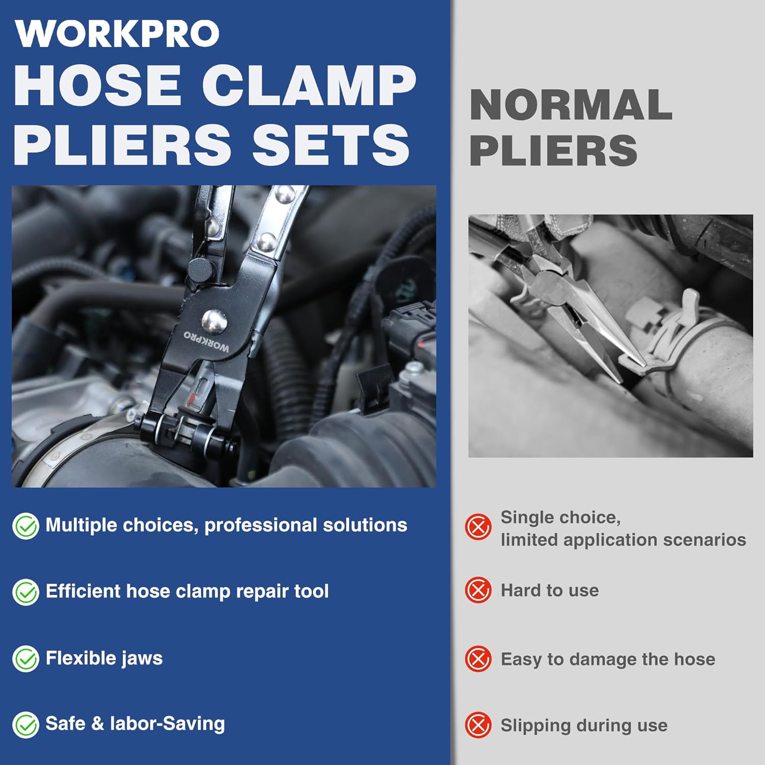 WORKPRO hose clamp pliers set for multiple repairs, shown on car engine fittings