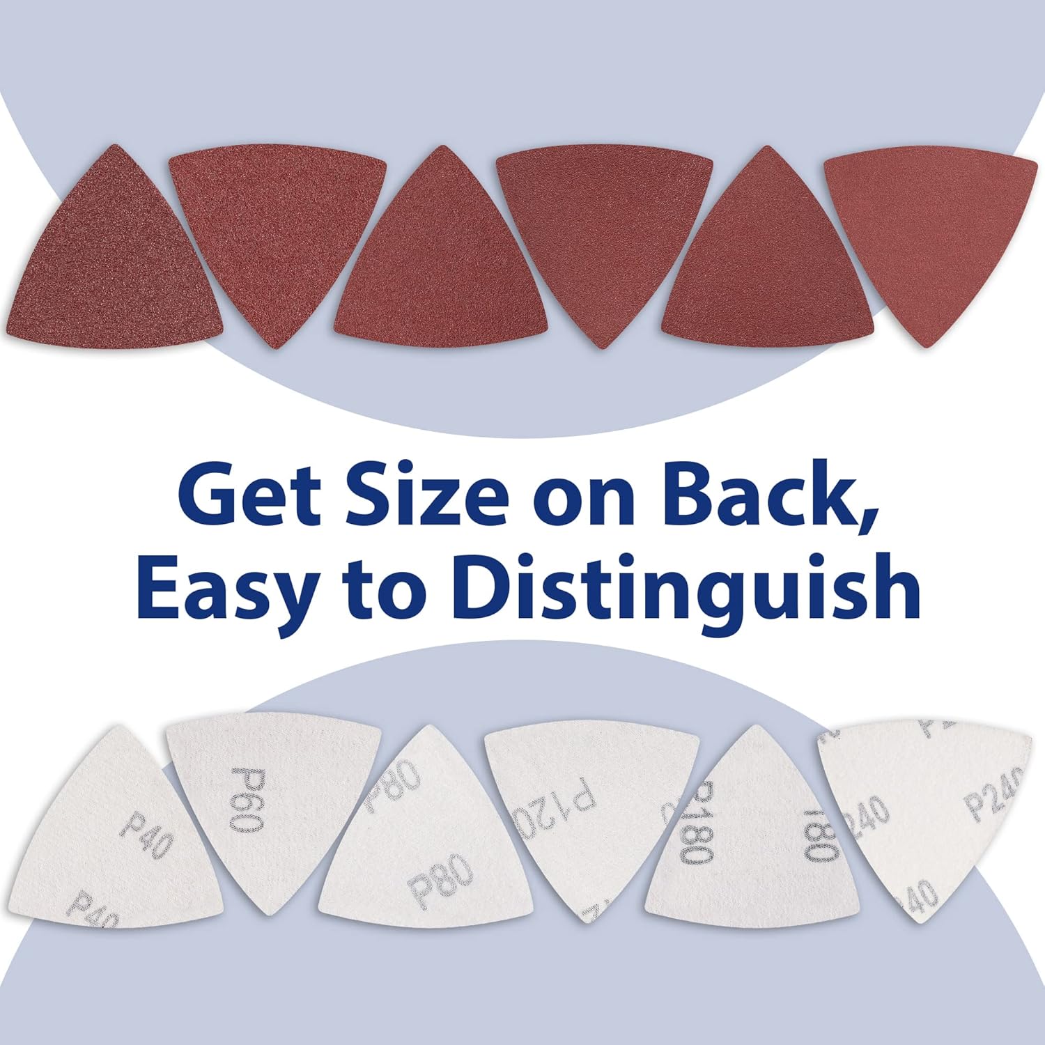 Assorted triangular sanding pads with visible grit markings on light and dark faces