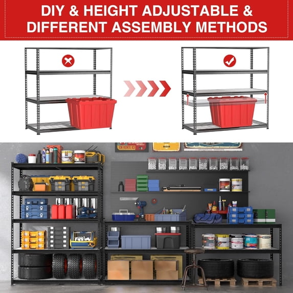 Black metal shelving rack with height-adjustable wire shelves and sturdy frame.