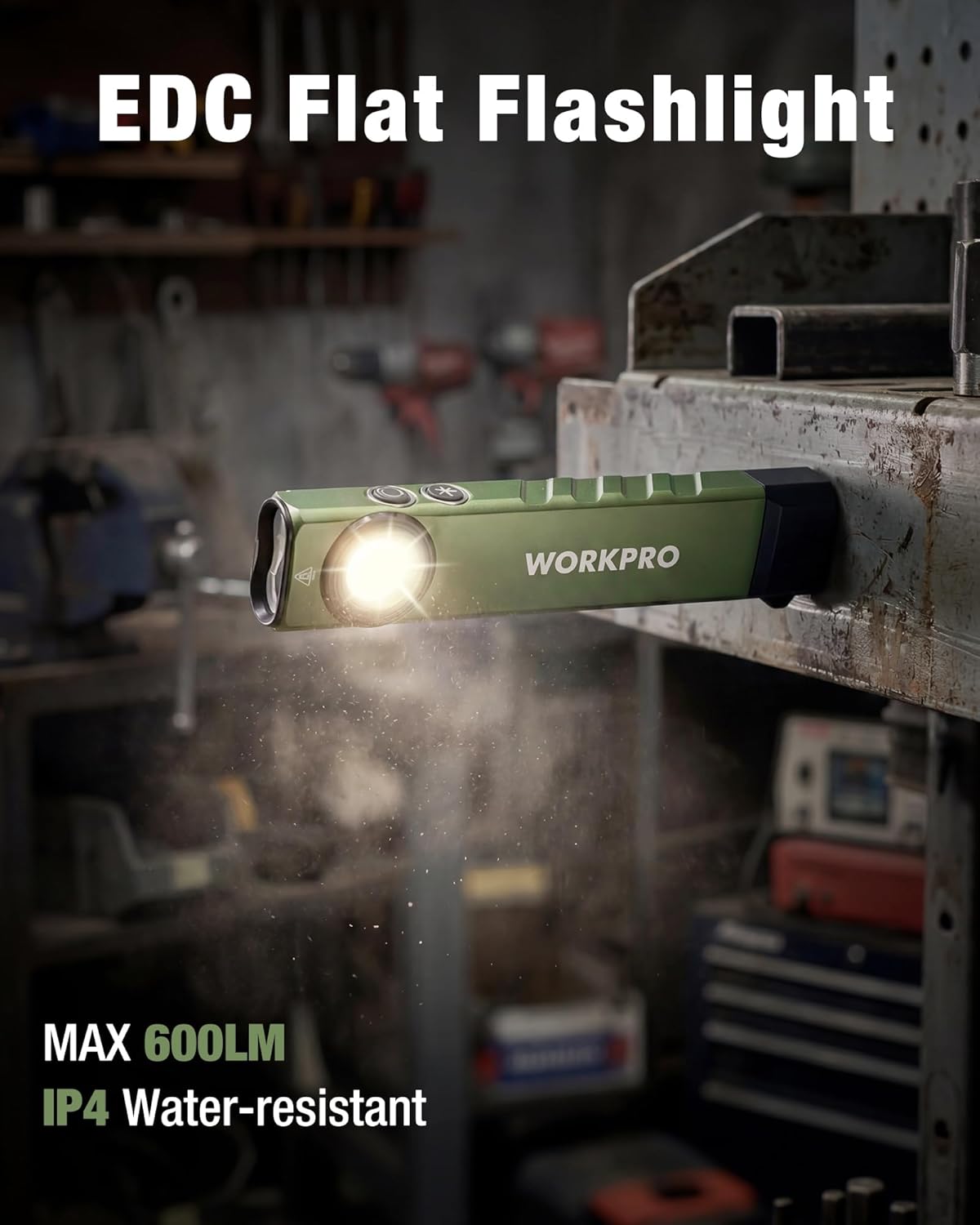 Green flat rechargeable EDC flashlight with bright LED beam and side control