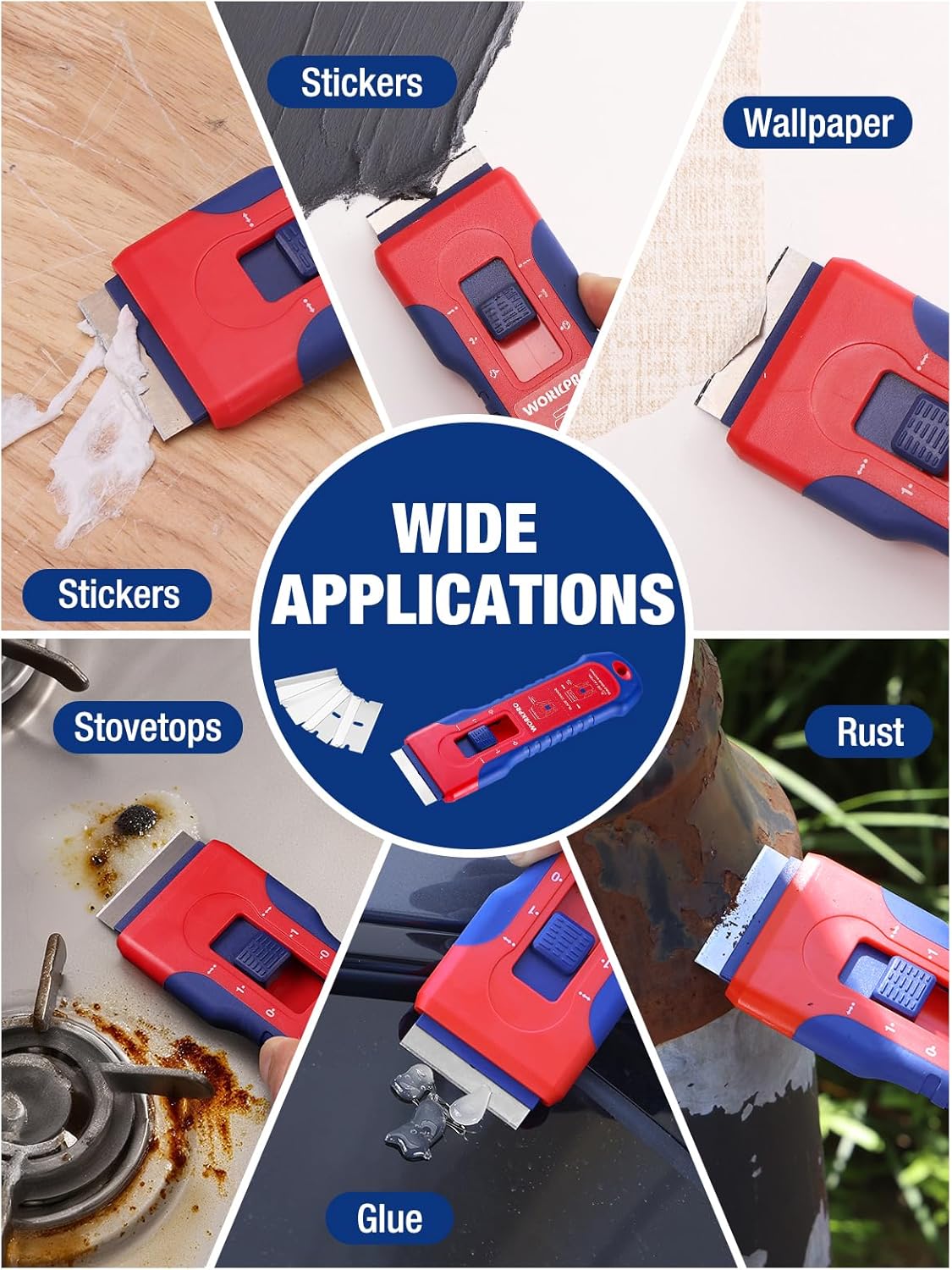 Retractable razor scraper removing adhesive residue from surfaces, red and blue