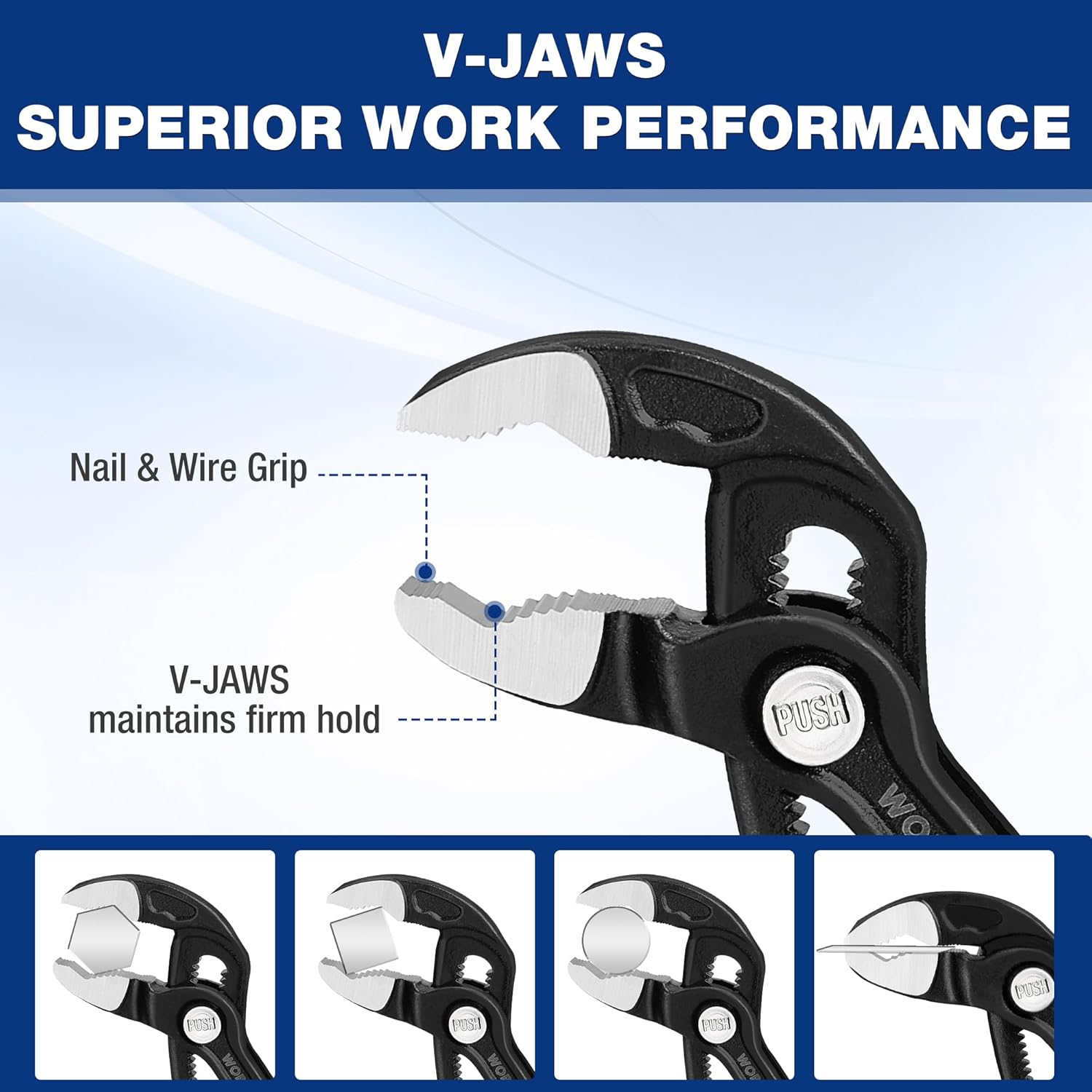 Water pump pliers with V-jaw grip teeth and PUSH button on black body, blue grips