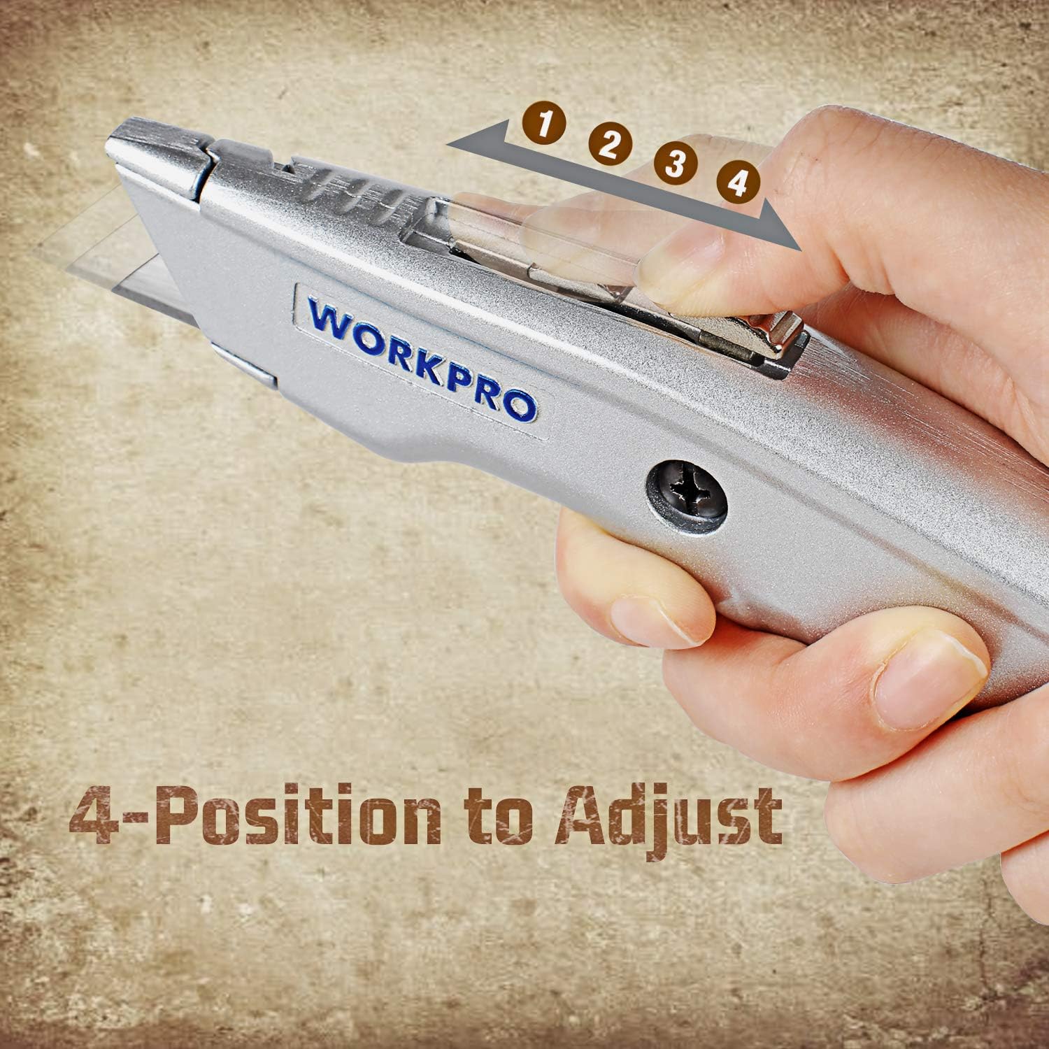 Retractable utility knife, silver body with blade adjustment positions