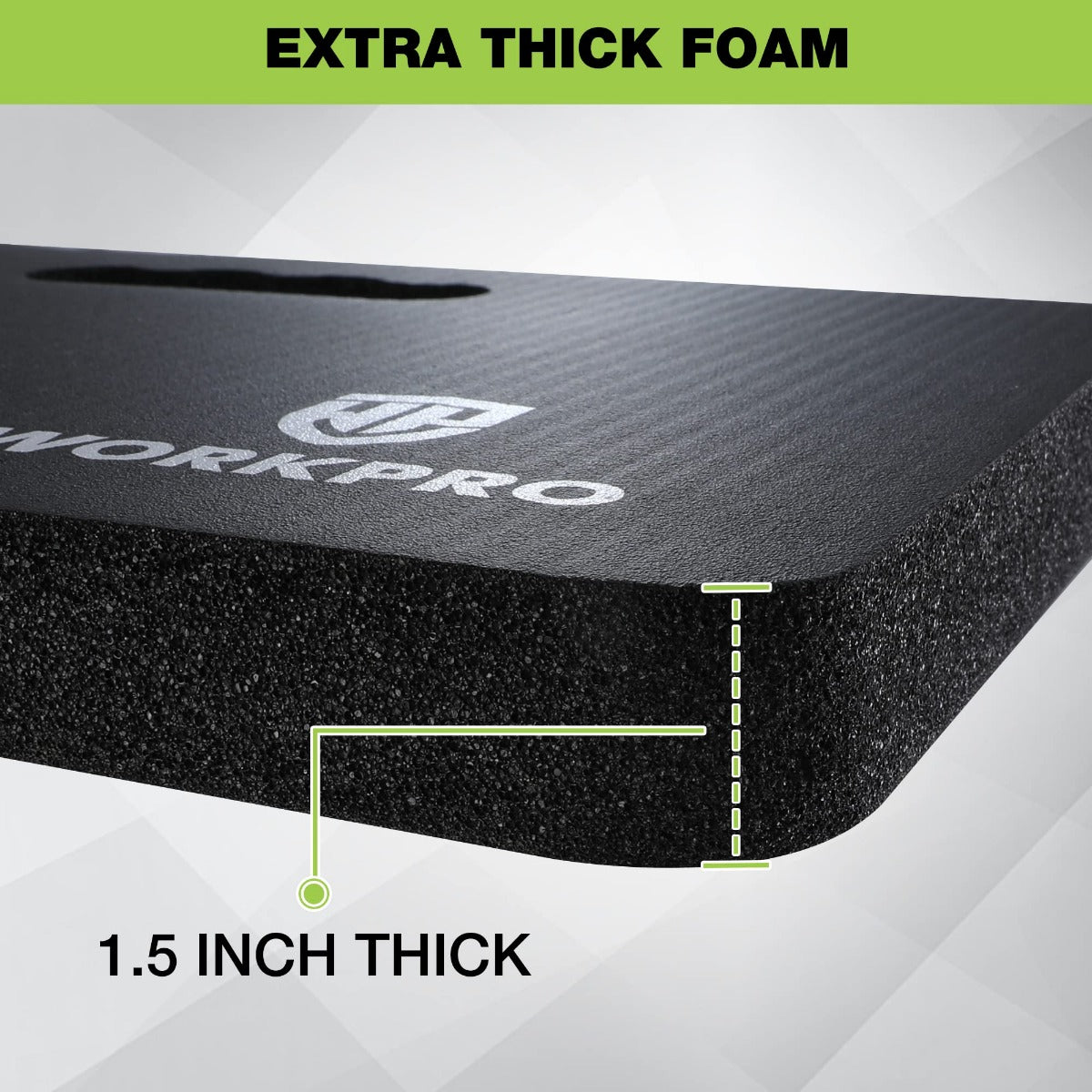 Close-up of extra-thick black foam kneeling pad edge, 1.5-inch thickness
