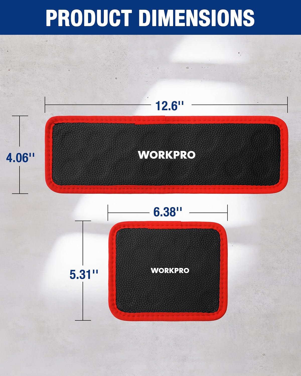 Red and black magnetic tool mat set with rectangular and square flexible pads, PVC surface