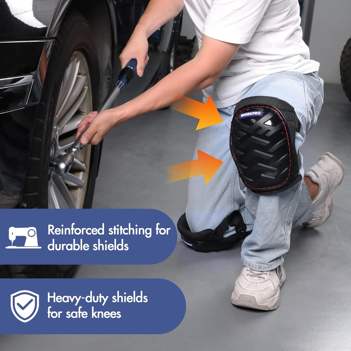 Black knee pads with reinforced stitching and contoured shields, worn while working near a car.