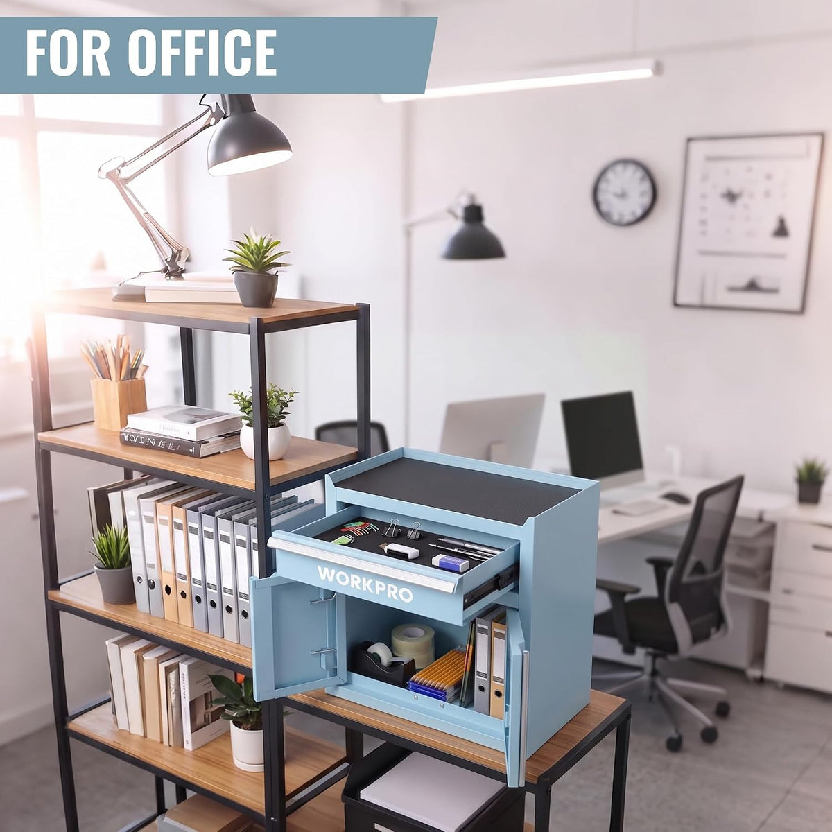 Workpro mini toolbox in blue with open compartments displaying stationery and files in an office setting