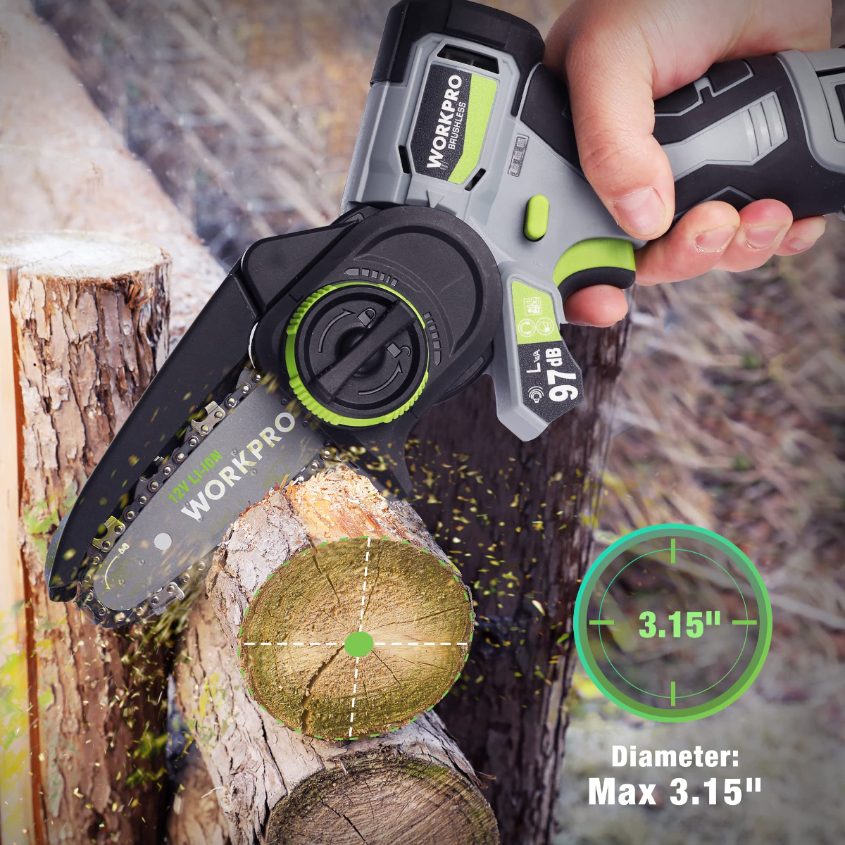 Handheld cordless mini chain saw with guide bar, cutting a log; green and black body