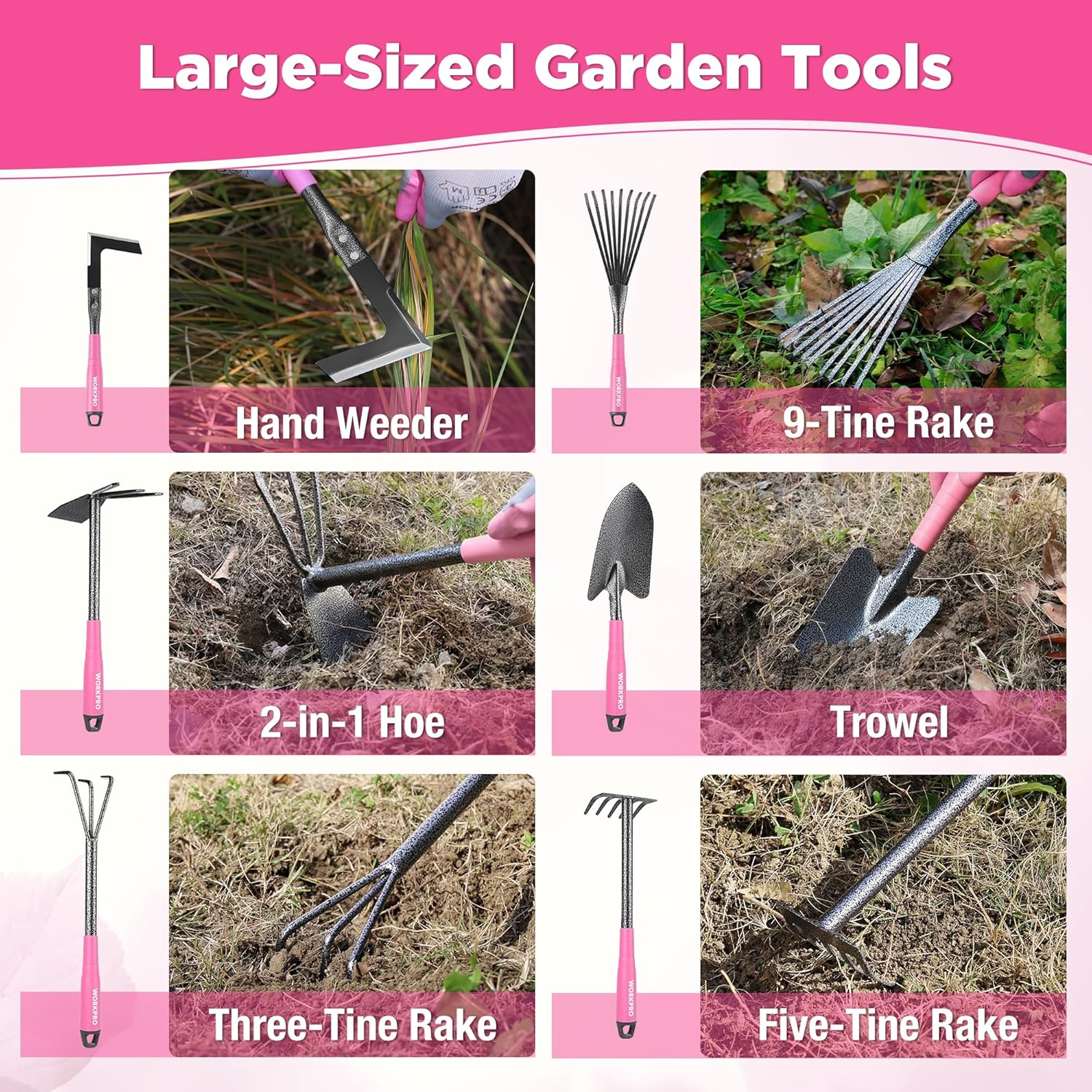 WORKPRO pink-handled garden tool set with hand weeder, 9-tine rake, hoe, and trowel
