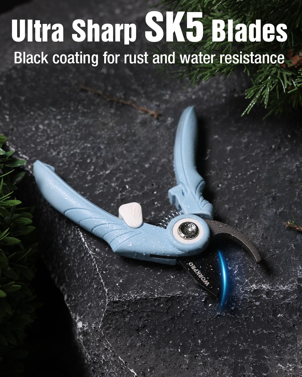 WORKPRO blue bypass pruning shears with SK5 steel blade, shown on dark surface