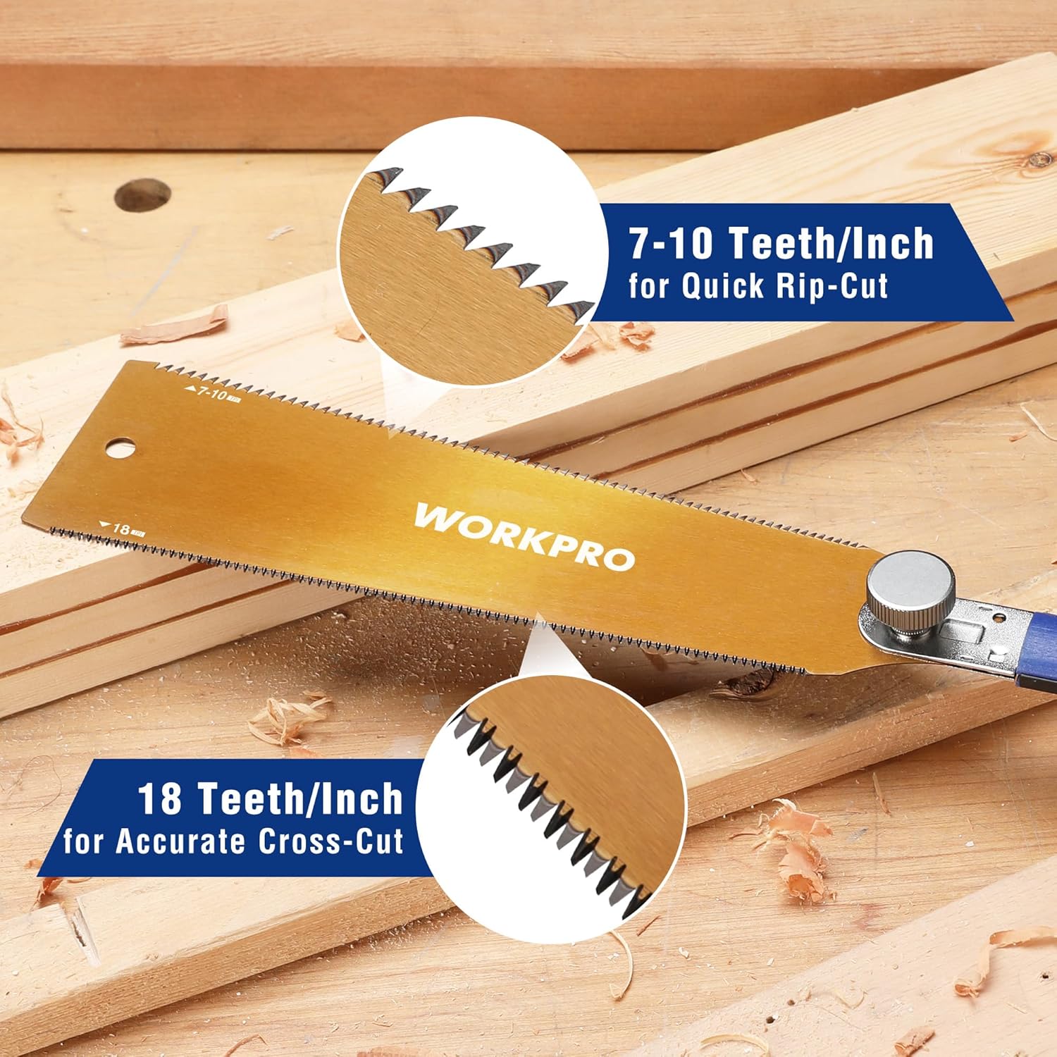 Pull saw blade close-up: 7-10 TPI and 18 TPI for wood cutting
