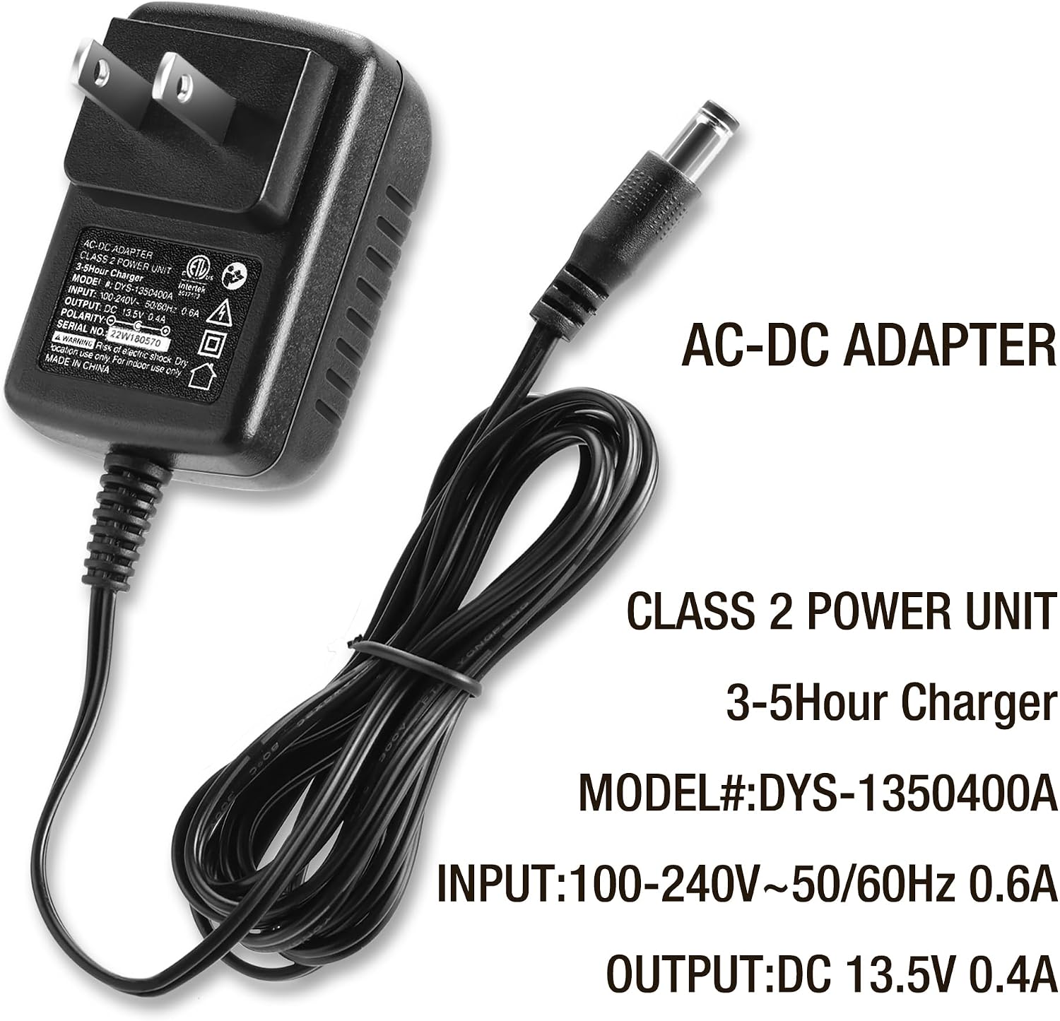 AC-DC adapter power supply with DC output plug and long charging cable
