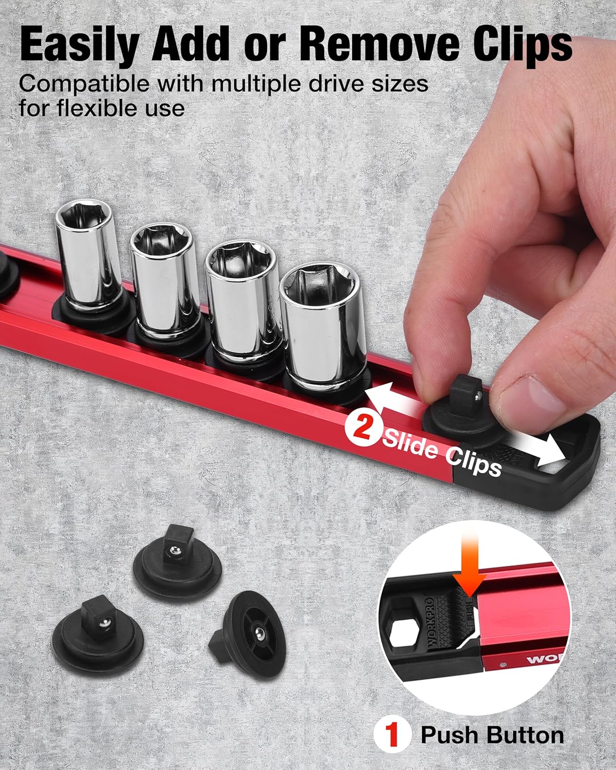 Magnetic organizer rail with slide clips and push-button release for attaching sockets