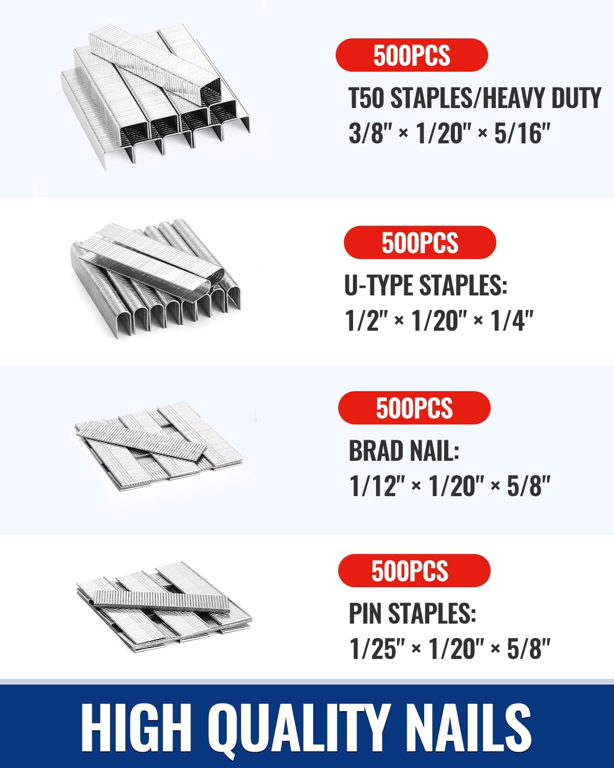Assorted staple and brad nail sets shown for 4-in-1 manual stapler