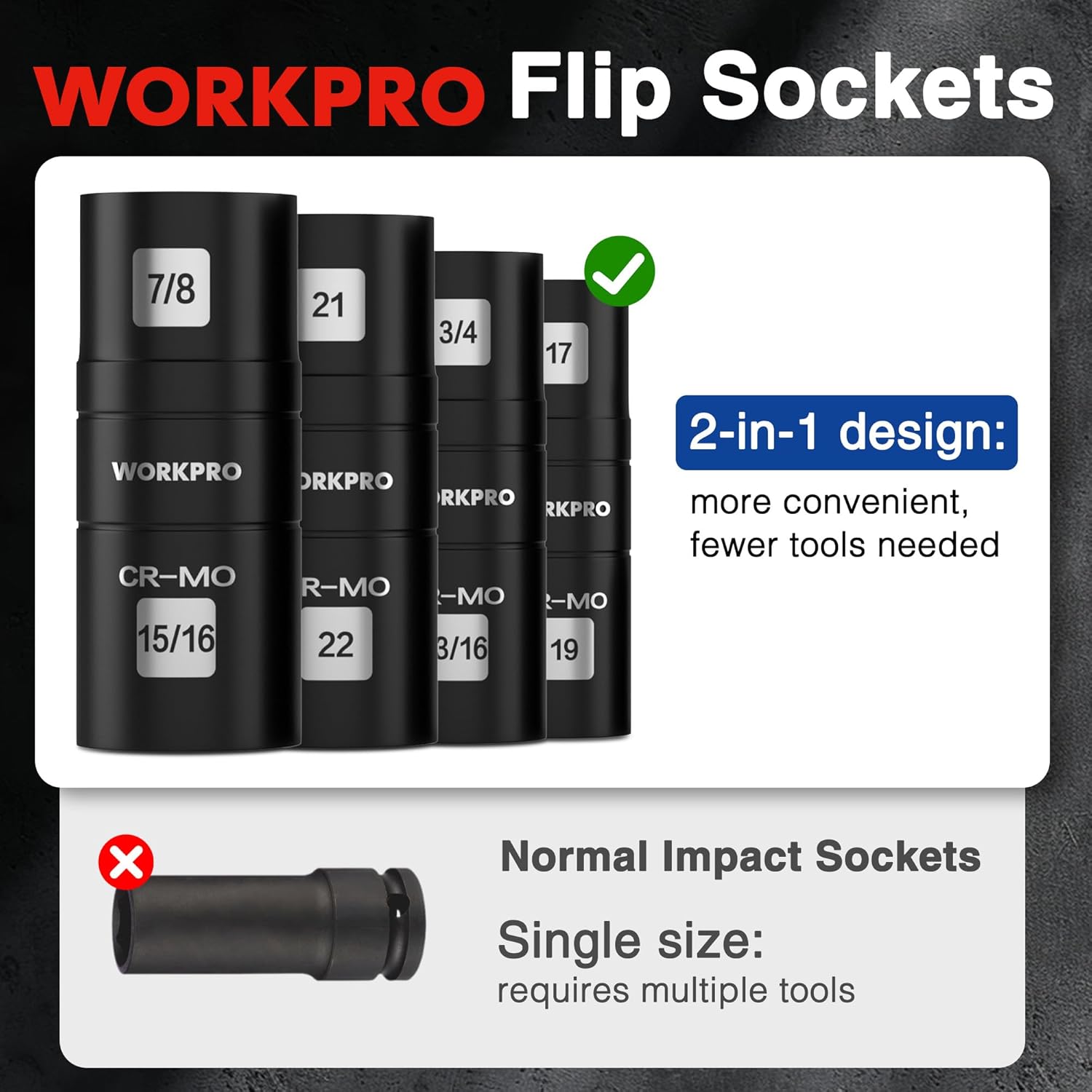 WORKPRO flip impact sockets, black CR-Mo steel, 2-in-1 style layout for quick size changes