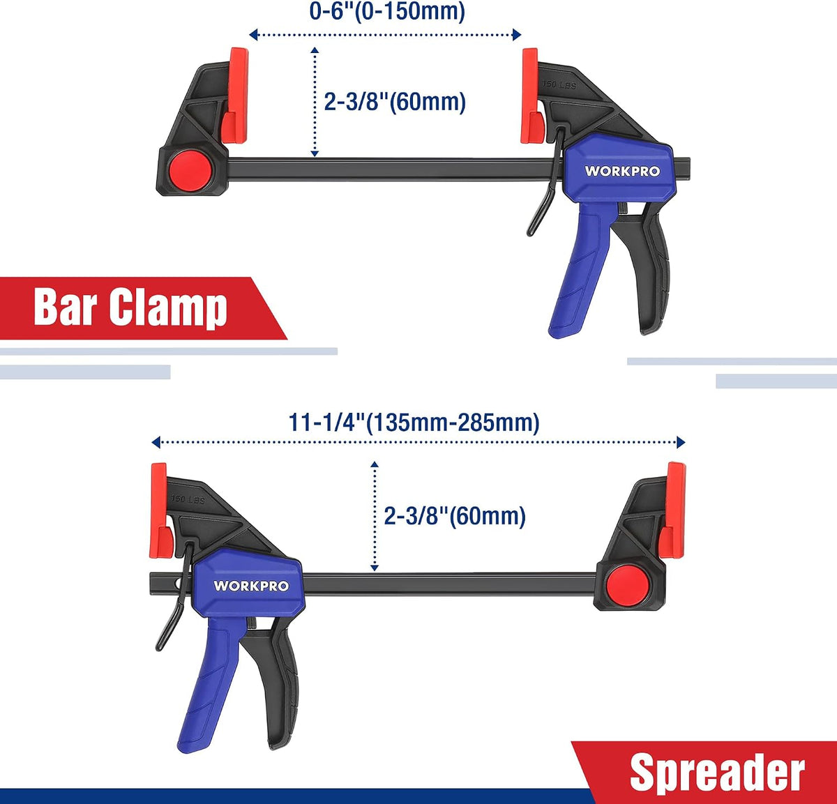 WORKPRO 6" Clamps for Woodworking 2-Pack, Light Duty Wood Clamps | Quick-Release, One Hand 150 LBS Load Limit, Woodworking and DIY Projects