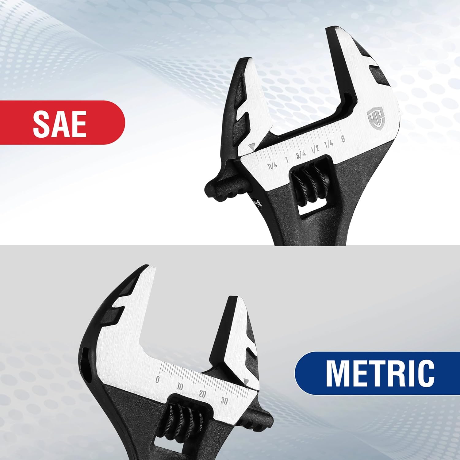 SAE and metric adjustable wrenches with black handle and etched jaw scale
