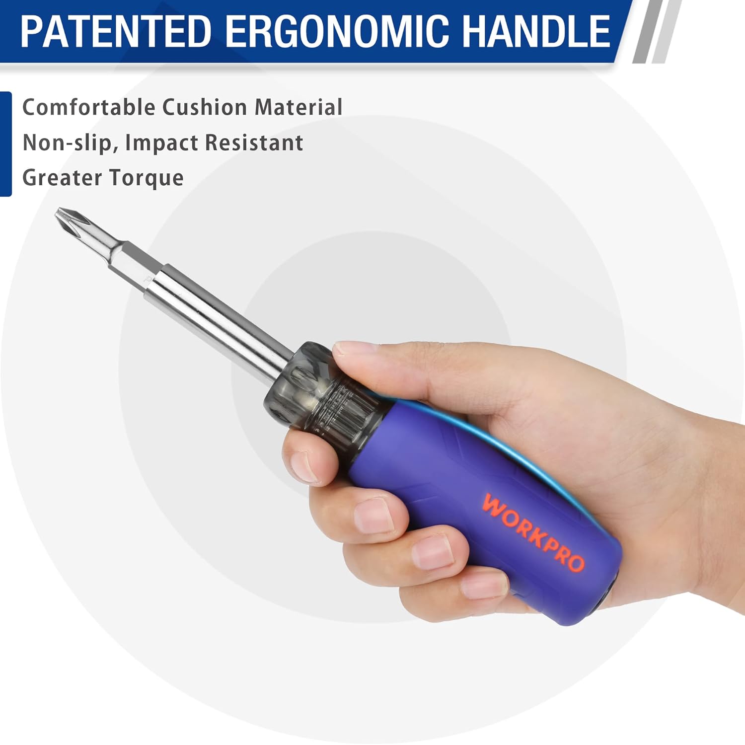 WORKPRO ergonomic handle screwdriver with blue non-slip cushion grip held in hand