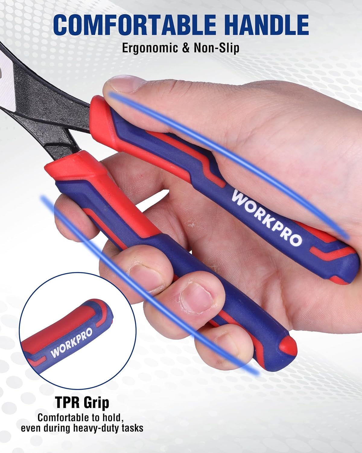 TPR comfort-grip slip-joint pliers held in hand with red-blue handles