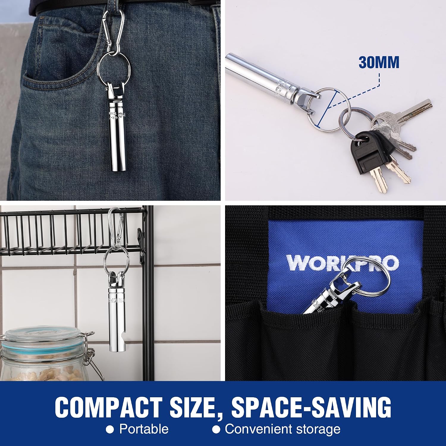 Portable socket bottle opener keychain hanging from a belt loop with keys
