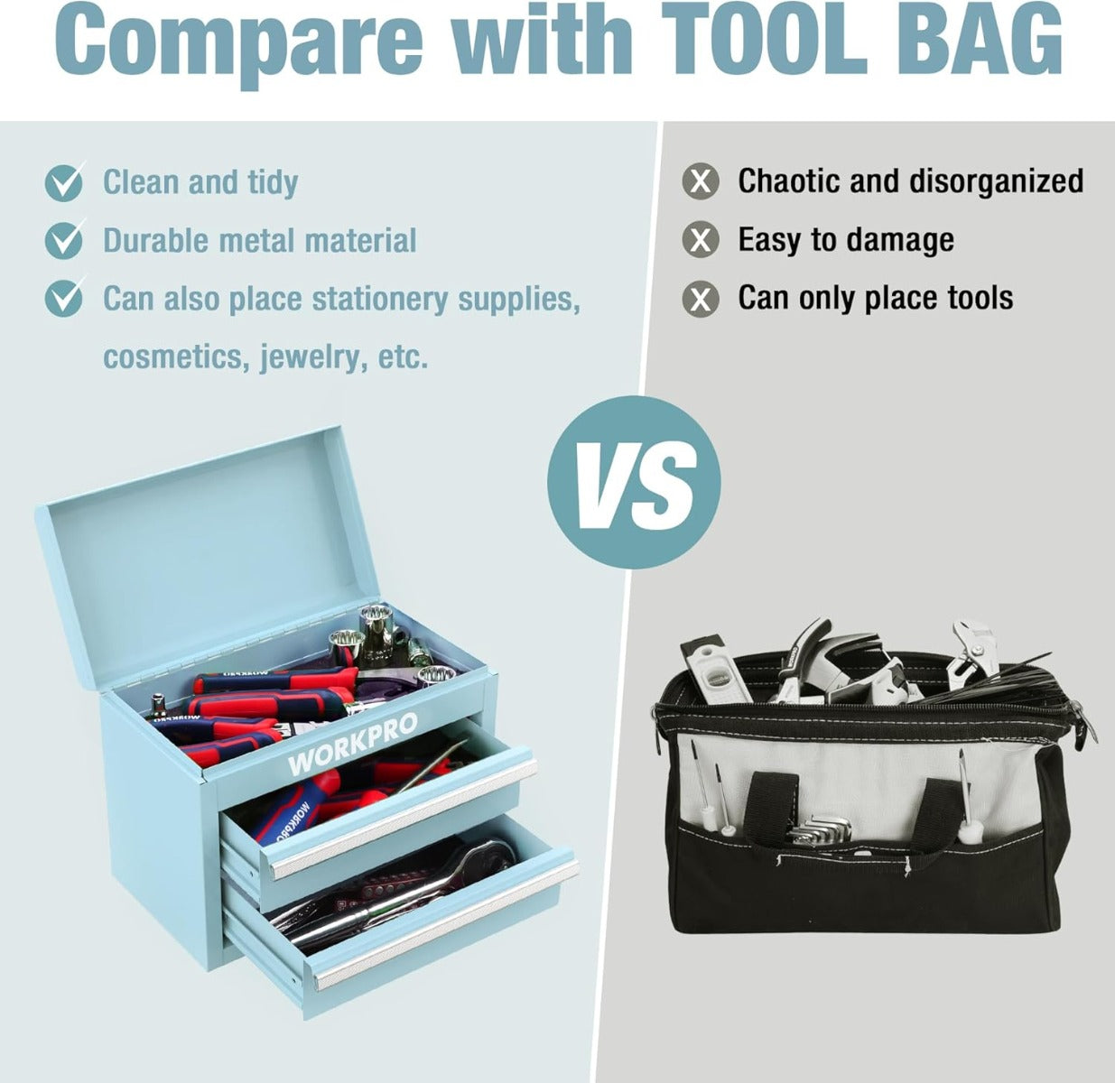 Light blue WORKPRO mini metal tool box shown beside a black tool bag comparison