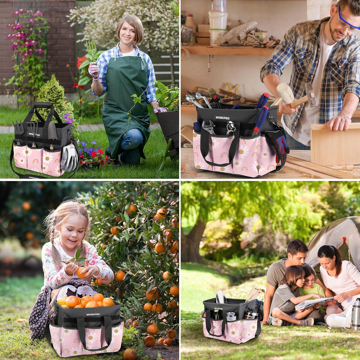 WORKPRO floral pink tool tote organizer holding small hand tools and gloves