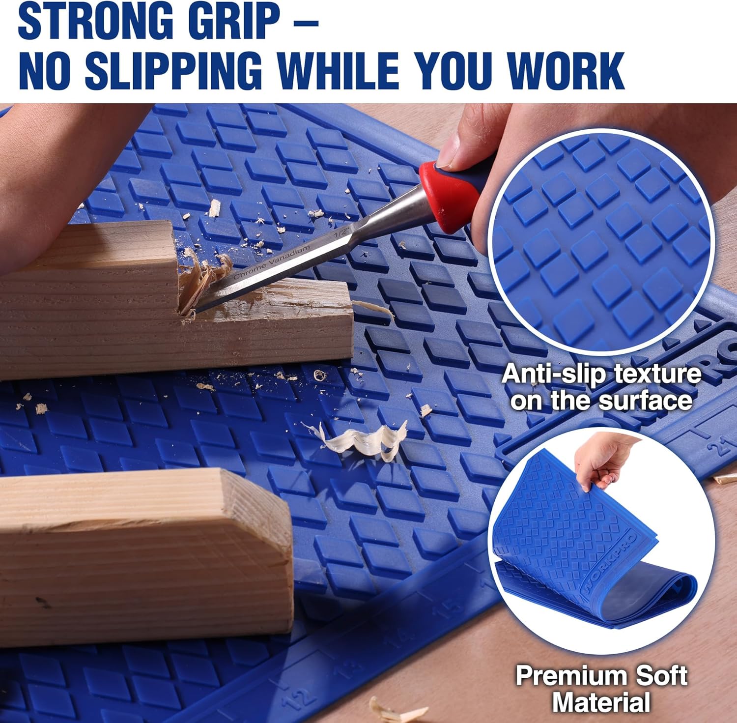 Blue silicone mat with anti-slip texture; hand grip shown on textured surface