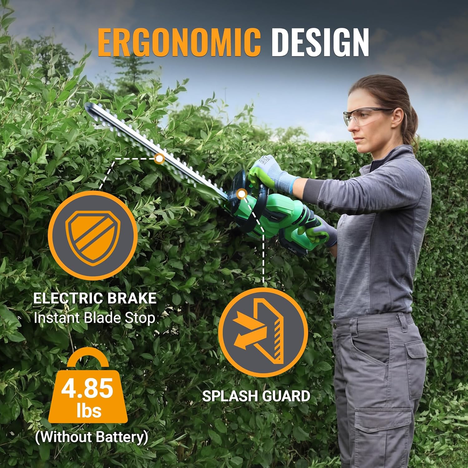Green cordless hedge trimmer with splash guard and ergonomic handle for yard shrubs