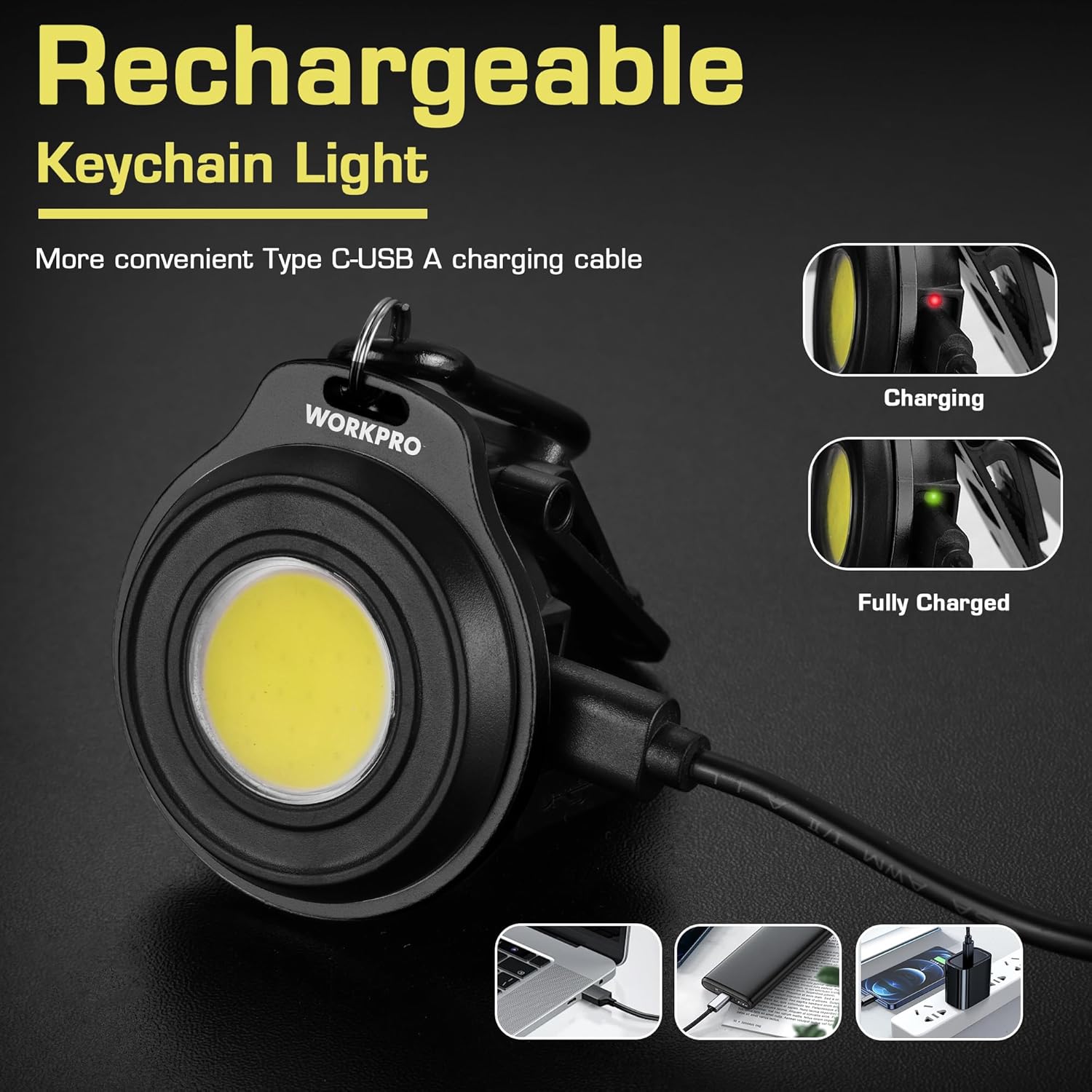 Black rechargeable keychain COB light with USB-C charging cable