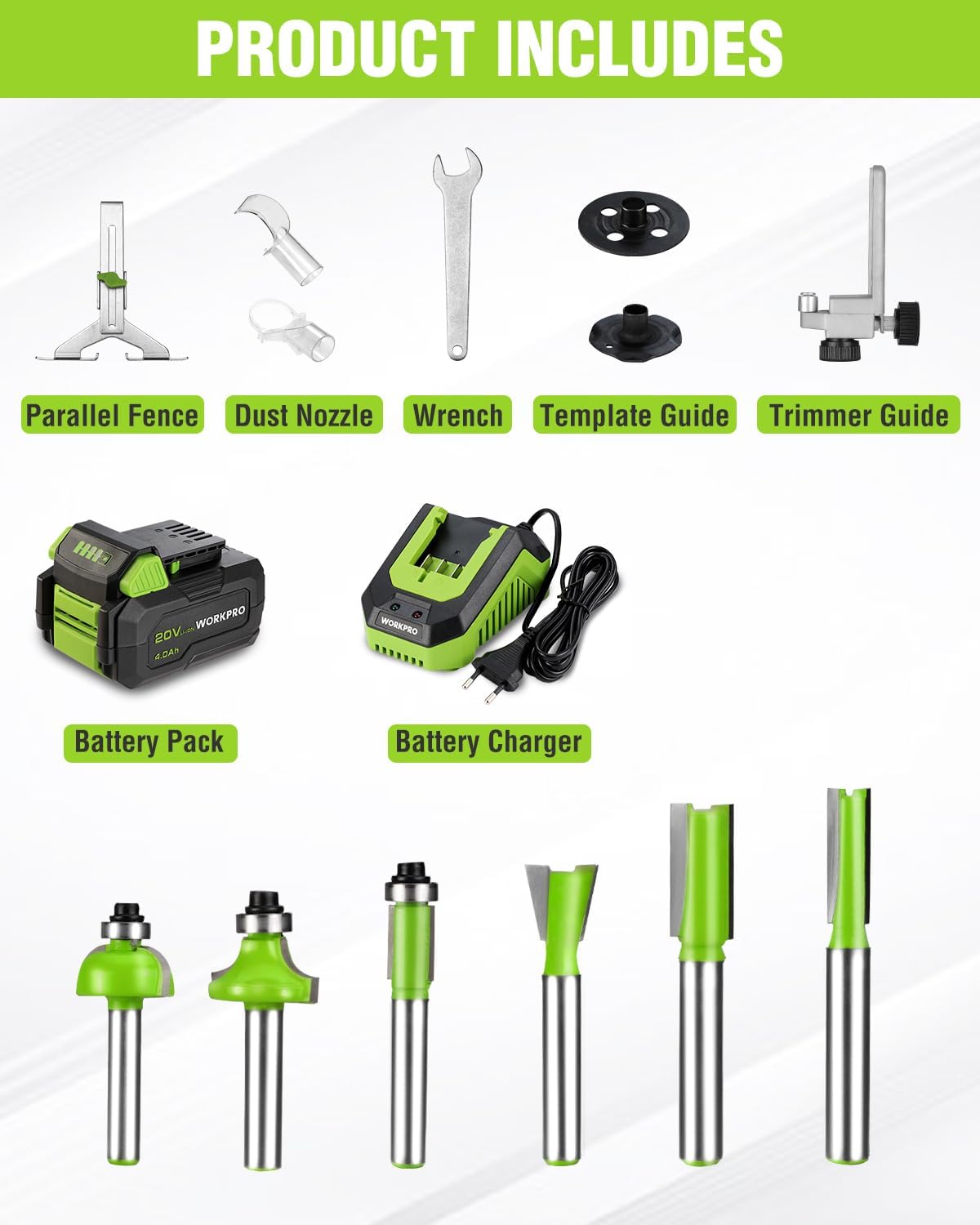 Cordless compact router kit with parallel fence, dust nozzle, wrenches, and template guides