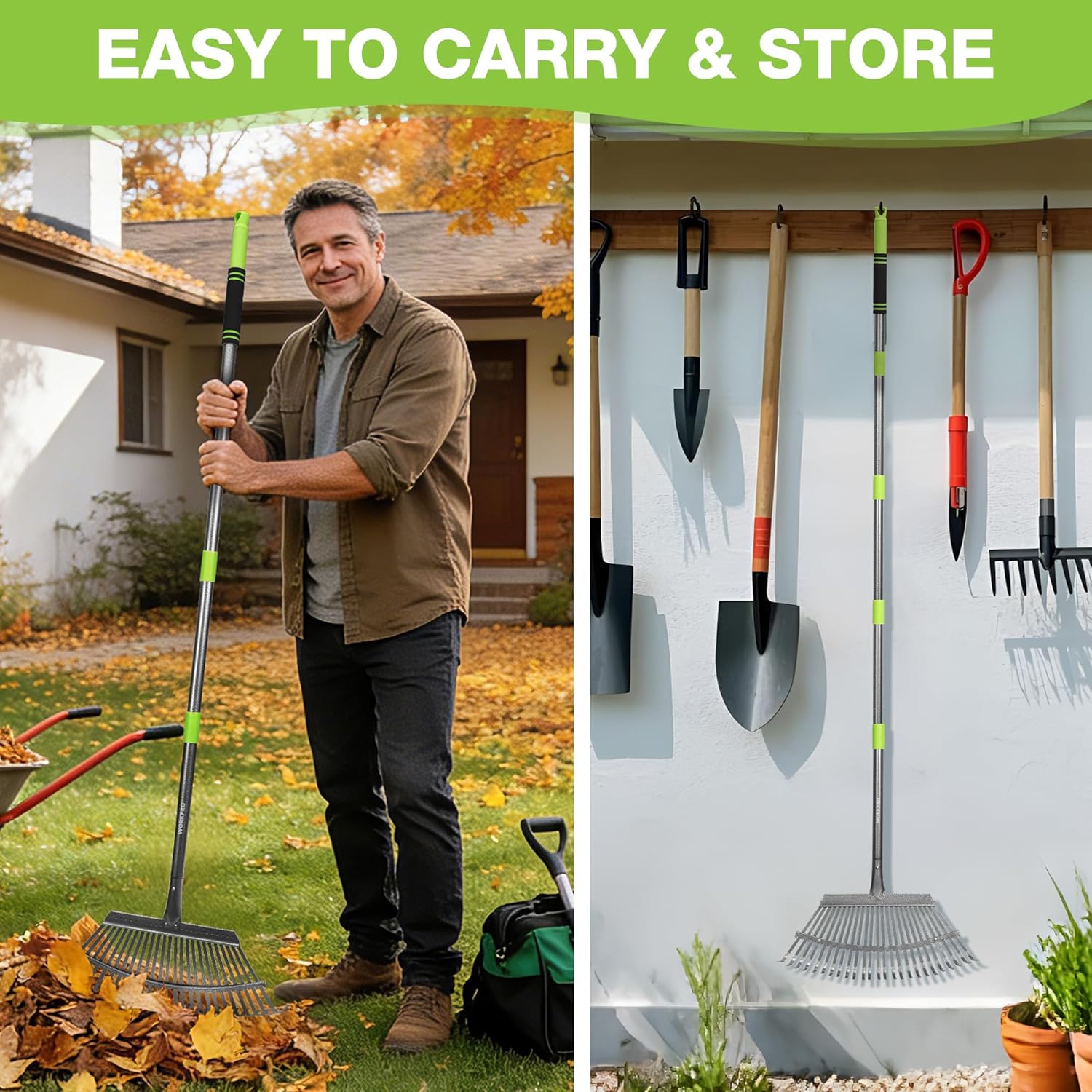 Adjustable leaf rake with long handle for yard cleanup, shown with stored rake set