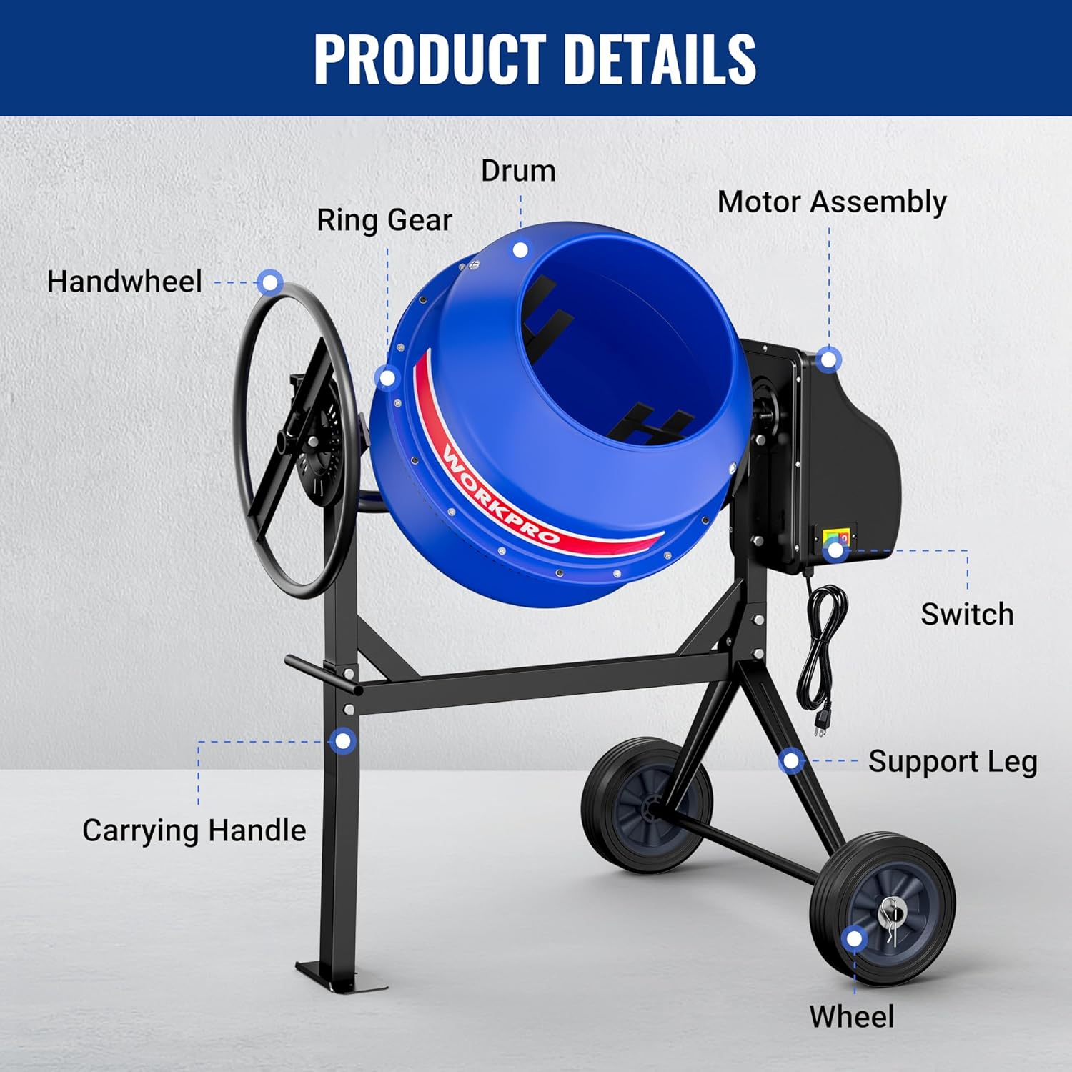 Cement mixer product details view with blue drum, handwheel, support leg, and wheels