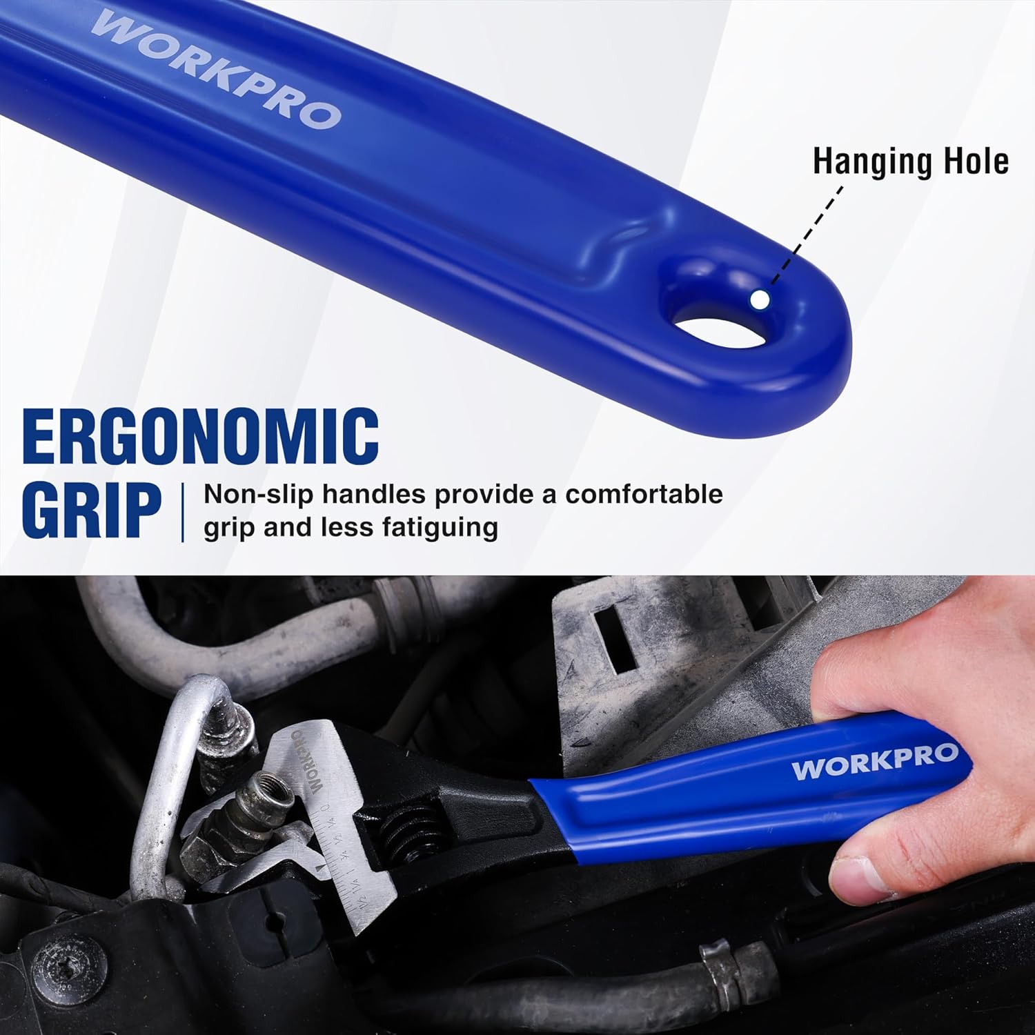 Blue ergonomic handle adjustable wrench with non-slip grip and hanging hole