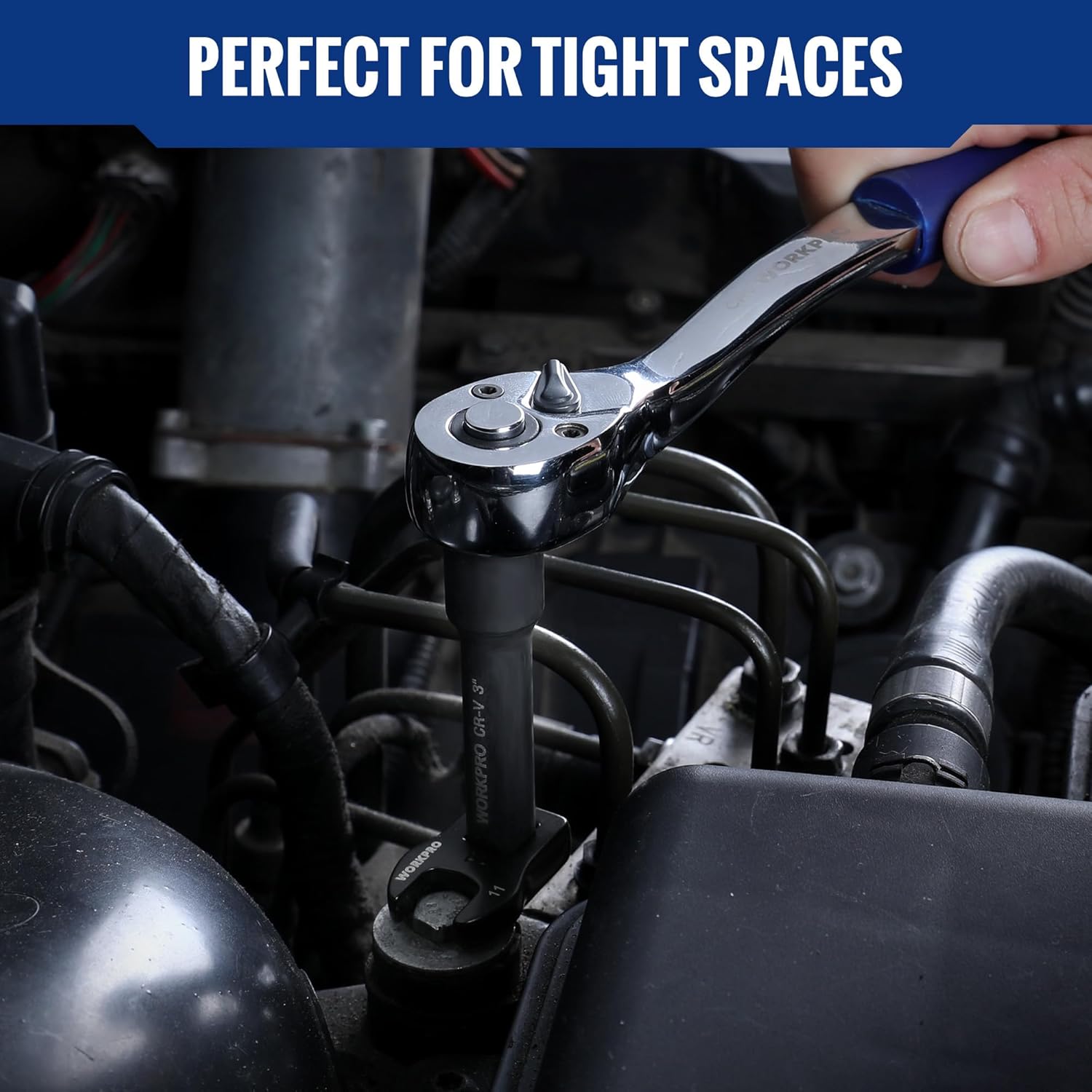3/8 drive crowfoot wrench in an engine bay for reaching tight fasteners