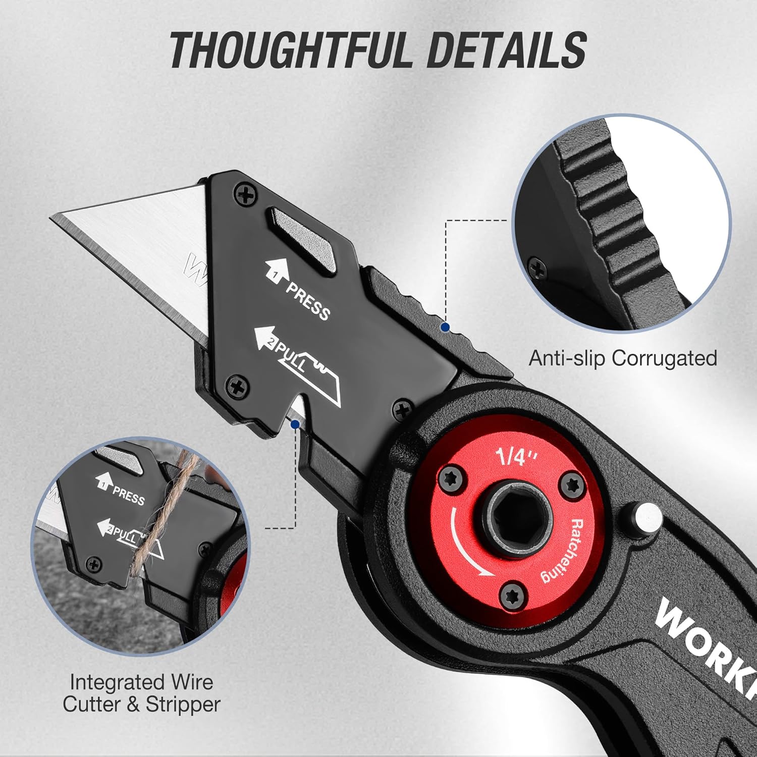 WORKPRO utility knife with anti-slip corrugated grip and integrated wire cutter