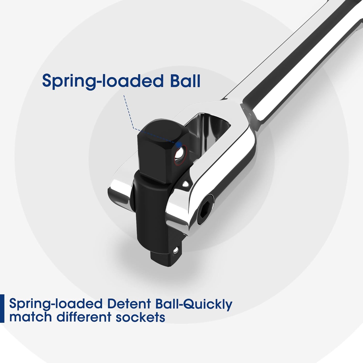 Breaker bar head with spring-loaded detent ball for quick matching sockets