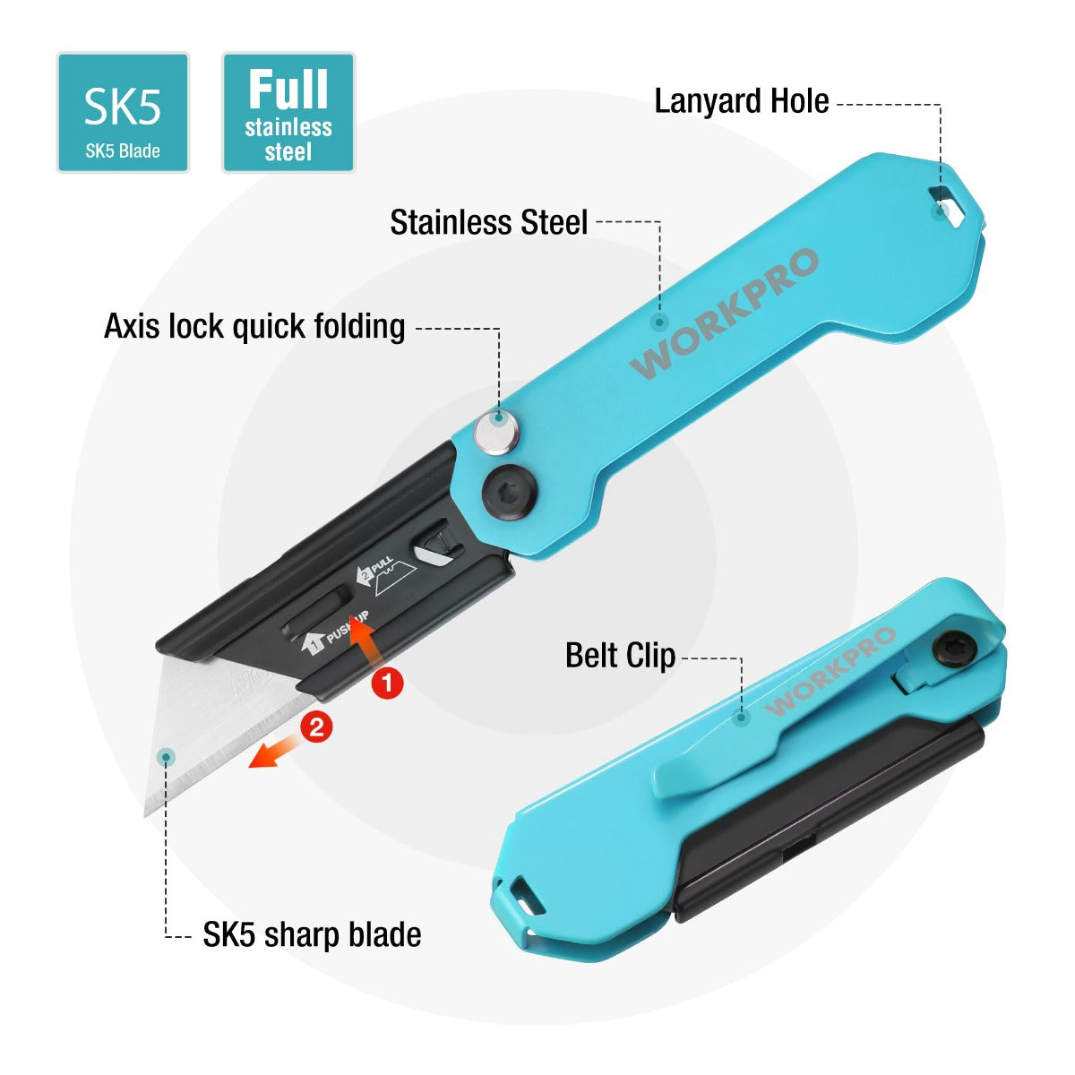 WORKPRO folding utility knife with SK5 stainless steel blade and belt clip, teal blue